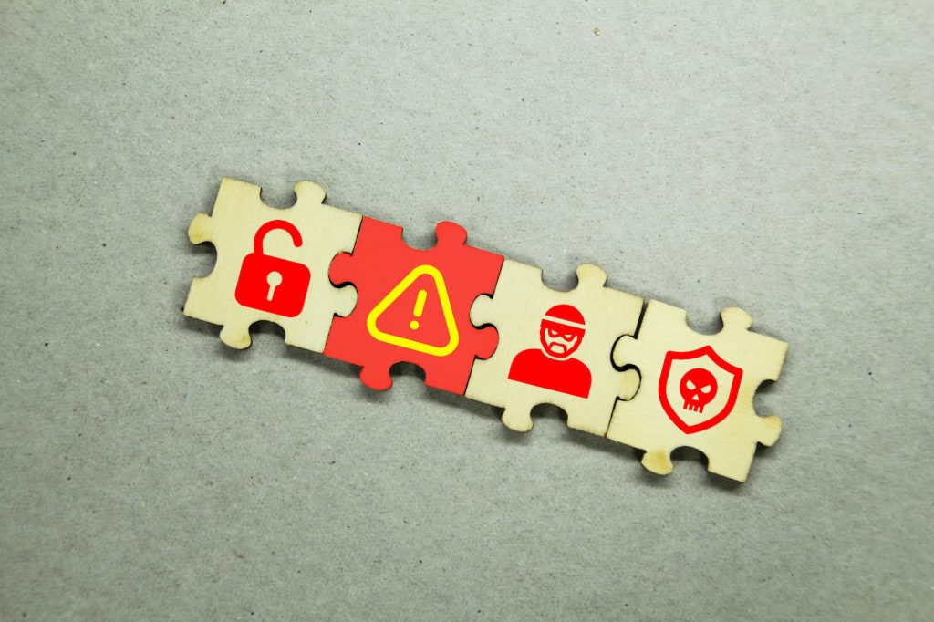 Puzzle with cyber robber icons, be careful and unlock. safety And security